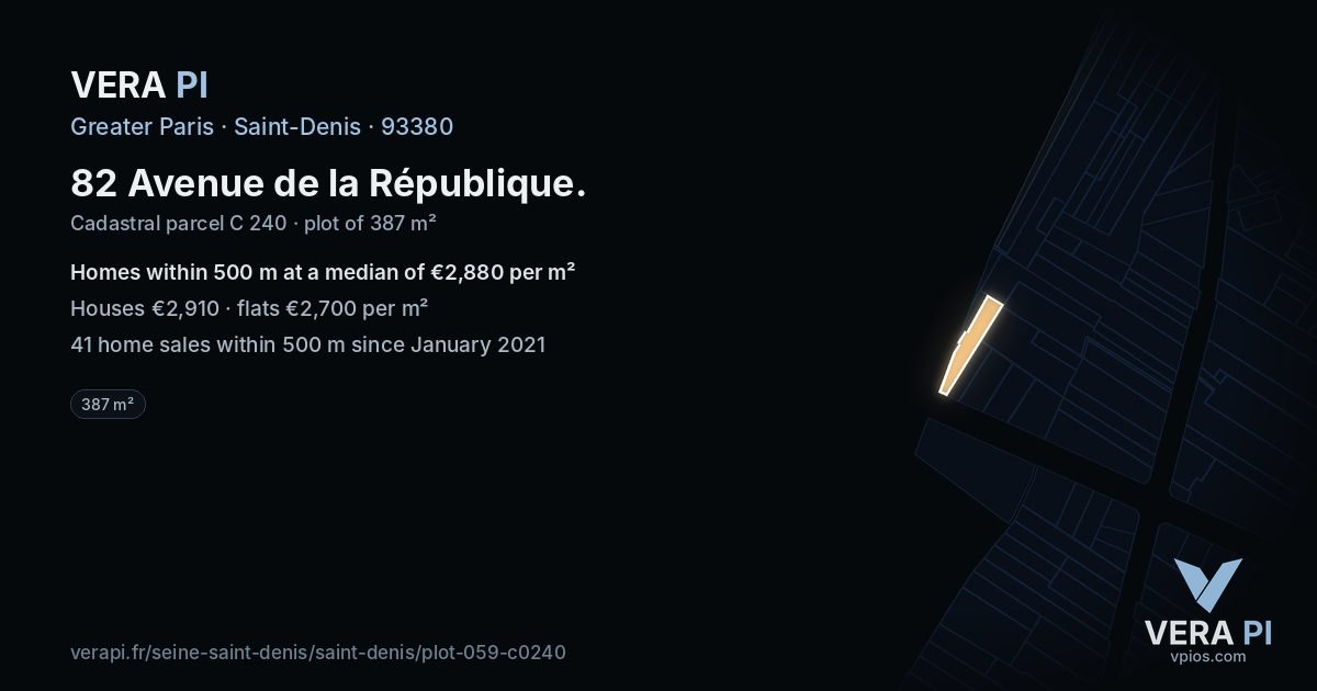 82 Avenue de la République, Saint-Denis at night – the plot lit, the parcels around coloured by the prices near them