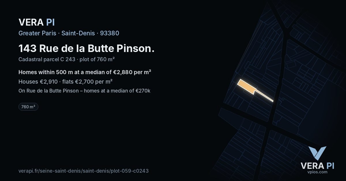 143 Rue de la Butte Pinson, Saint-Denis at night – the plot lit, the parcels around coloured by the prices near them