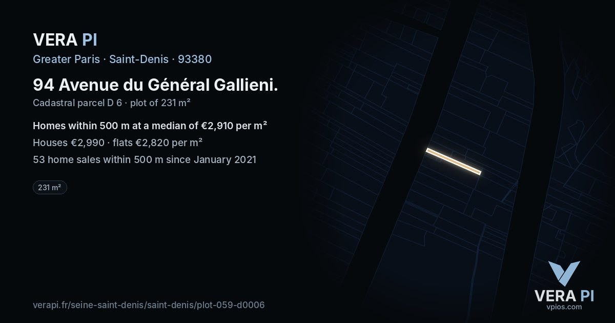 94 Avenue du Général Gallieni, Saint-Denis at night – the plot lit, the parcels around coloured by the prices near them