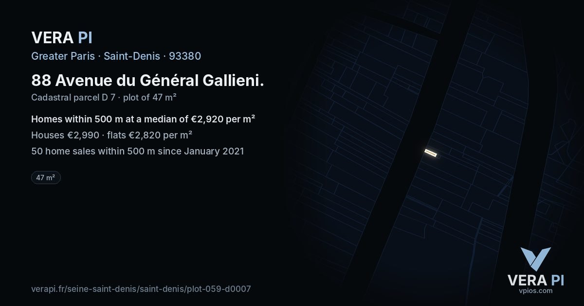 88 Avenue du Général Gallieni, Saint-Denis at night – the plot lit, the parcels around coloured by the prices near them