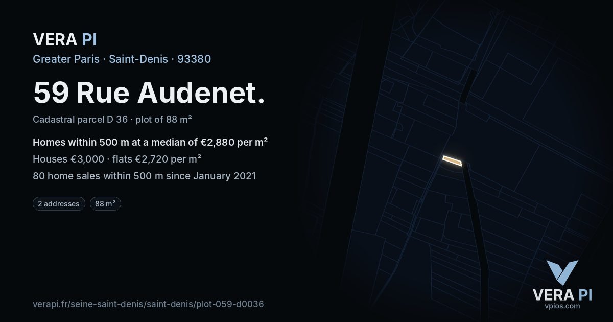 59 Rue Audenet, Saint-Denis at night – the plot lit, the parcels around coloured by the prices near them