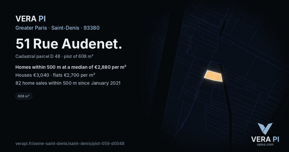 51 Rue Audenet, Saint-Denis at night – the plot lit, the parcels around coloured by the prices near them