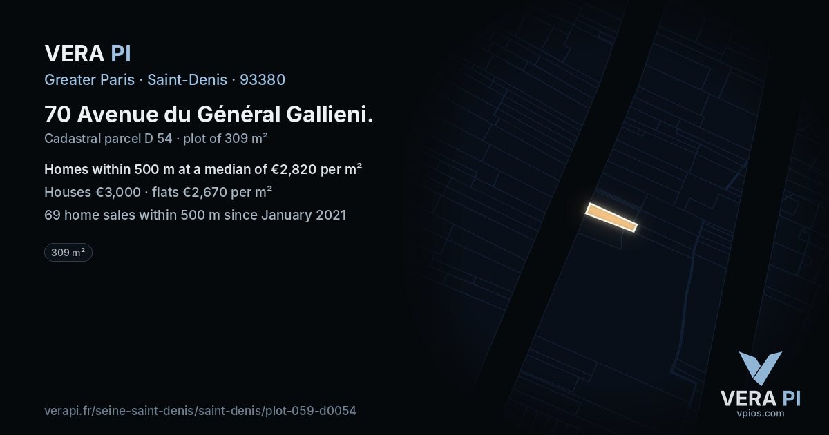 70 Avenue du Général Gallieni, Saint-Denis at night – the plot lit, the parcels around coloured by the prices near them