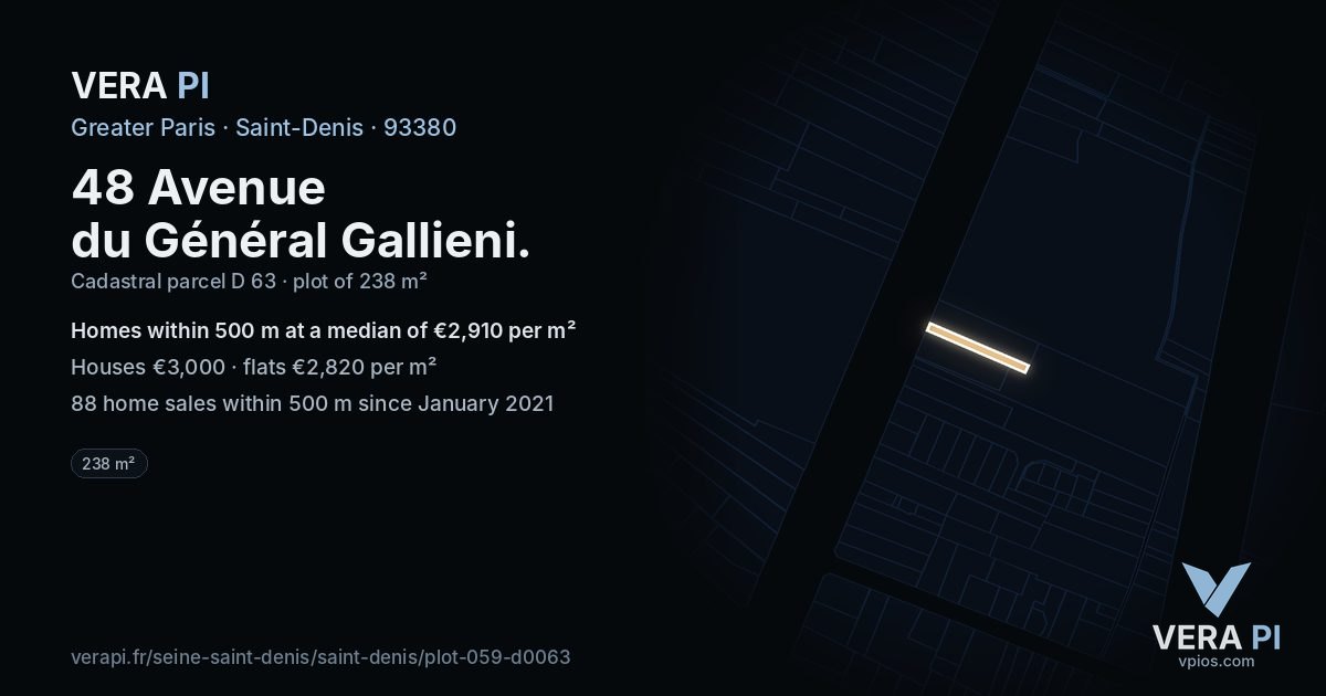48 Avenue du Général Gallieni, Saint-Denis at night – the plot lit, the parcels around coloured by the prices near them