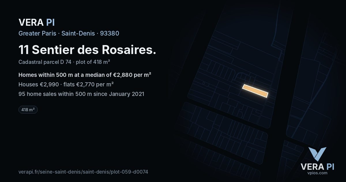 11 Sentier des Rosaires, Saint-Denis at night – the plot lit, the parcels around coloured by the prices near them