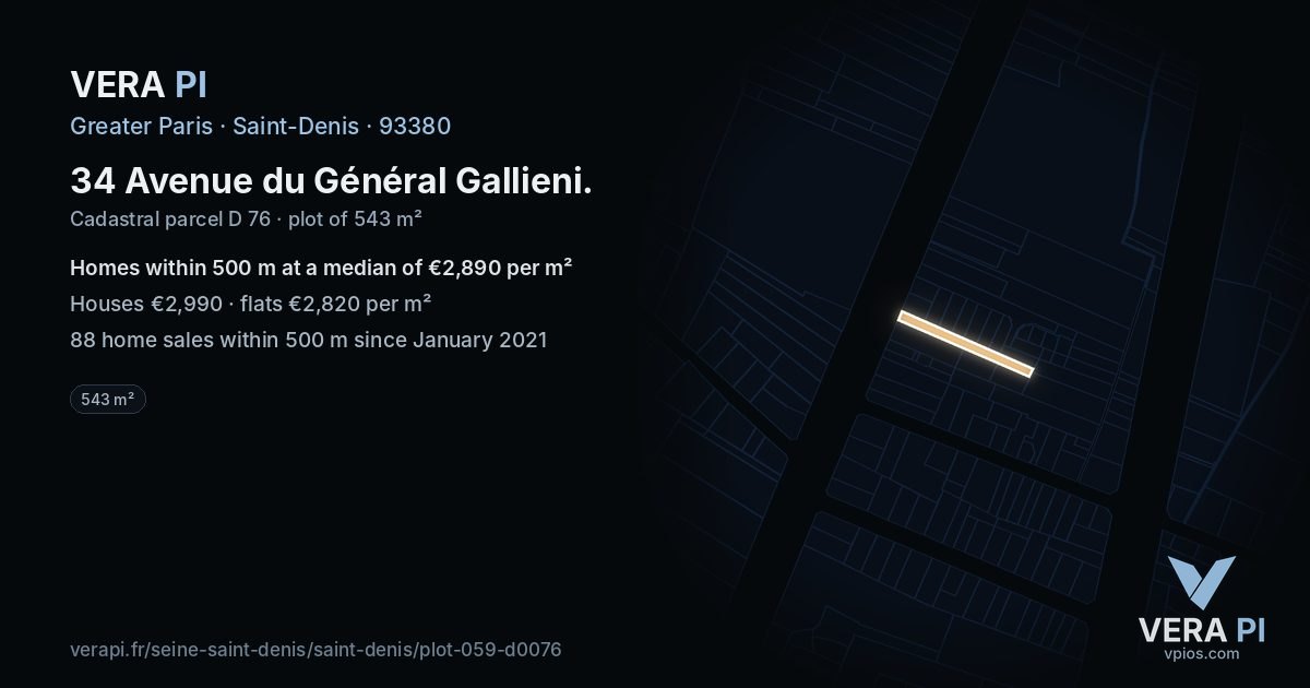 34 Avenue du Général Gallieni, Saint-Denis at night – the plot lit, the parcels around coloured by the prices near them