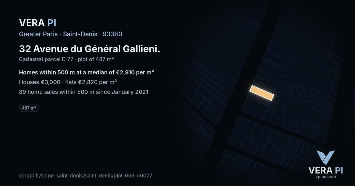 32 Avenue du Général Gallieni, Saint-Denis at night – the plot lit, the parcels around coloured by the prices near them