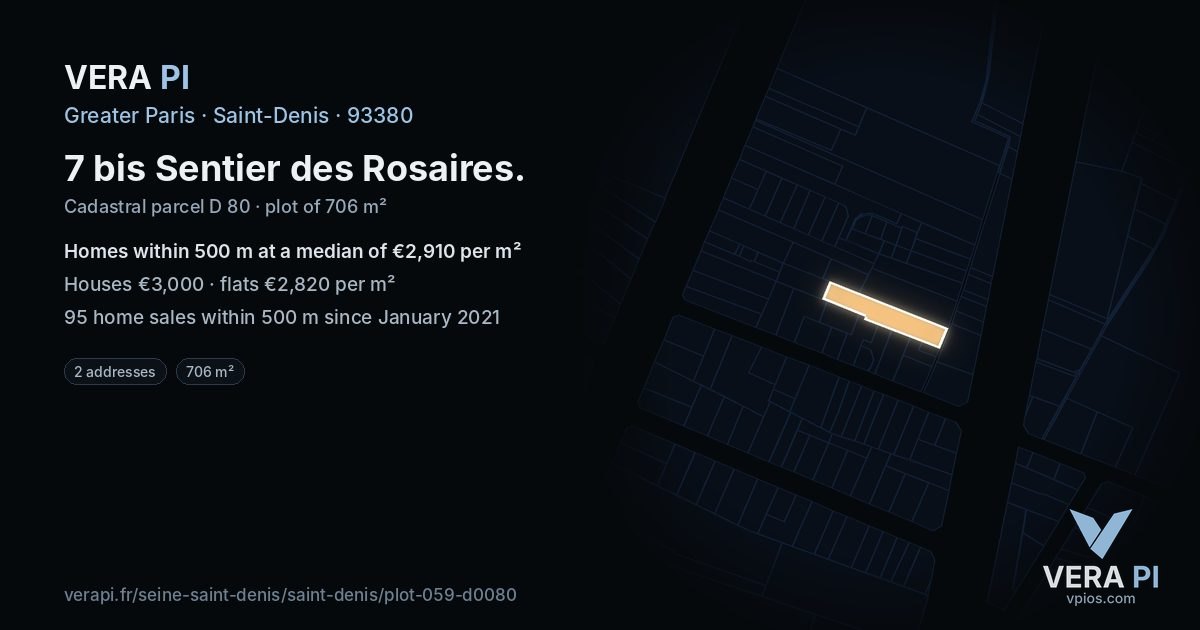 7 bis Sentier des Rosaires, Saint-Denis at night – the plot lit, the parcels around coloured by the prices near them