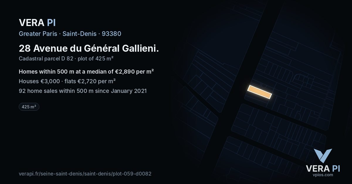 28 Avenue du Général Gallieni, Saint-Denis at night – the plot lit, the parcels around coloured by the prices near them