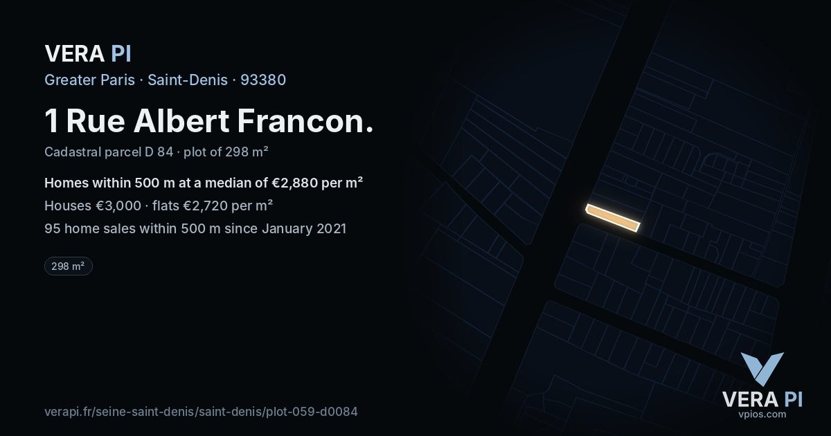 1 Rue Albert Francon, Saint-Denis at night – the plot lit, the parcels around coloured by the prices near them