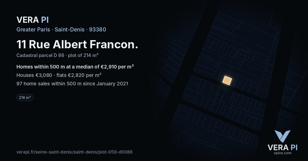 11 Rue Albert Francon, Saint-Denis at night – the plot lit, the parcels around coloured by the prices near them