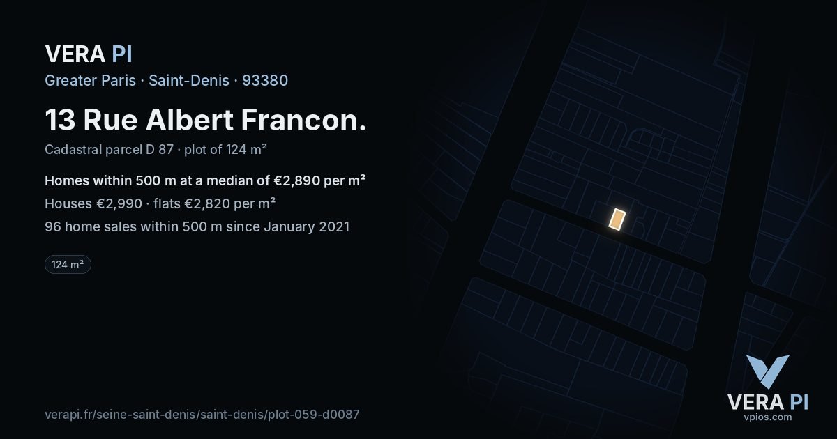 13 Rue Albert Francon, Saint-Denis at night – the plot lit, the parcels around coloured by the prices near them