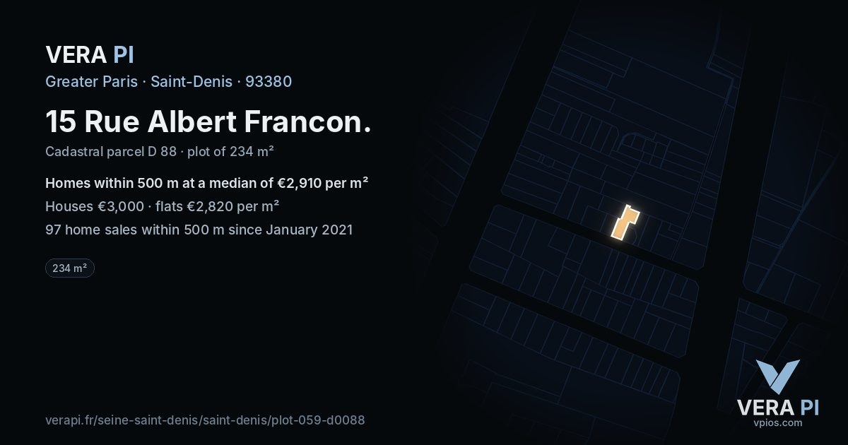 15 Rue Albert Francon, Saint-Denis at night – the plot lit, the parcels around coloured by the prices near them