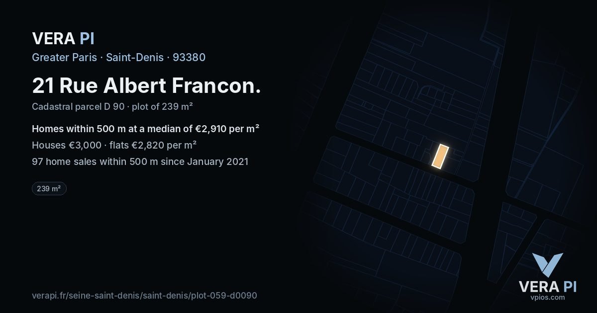 21 Rue Albert Francon, Saint-Denis at night – the plot lit, the parcels around coloured by the prices near them