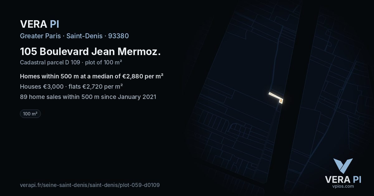 105 Boulevard Jean Mermoz, Saint-Denis at night – the plot lit, the parcels around coloured by the prices near them