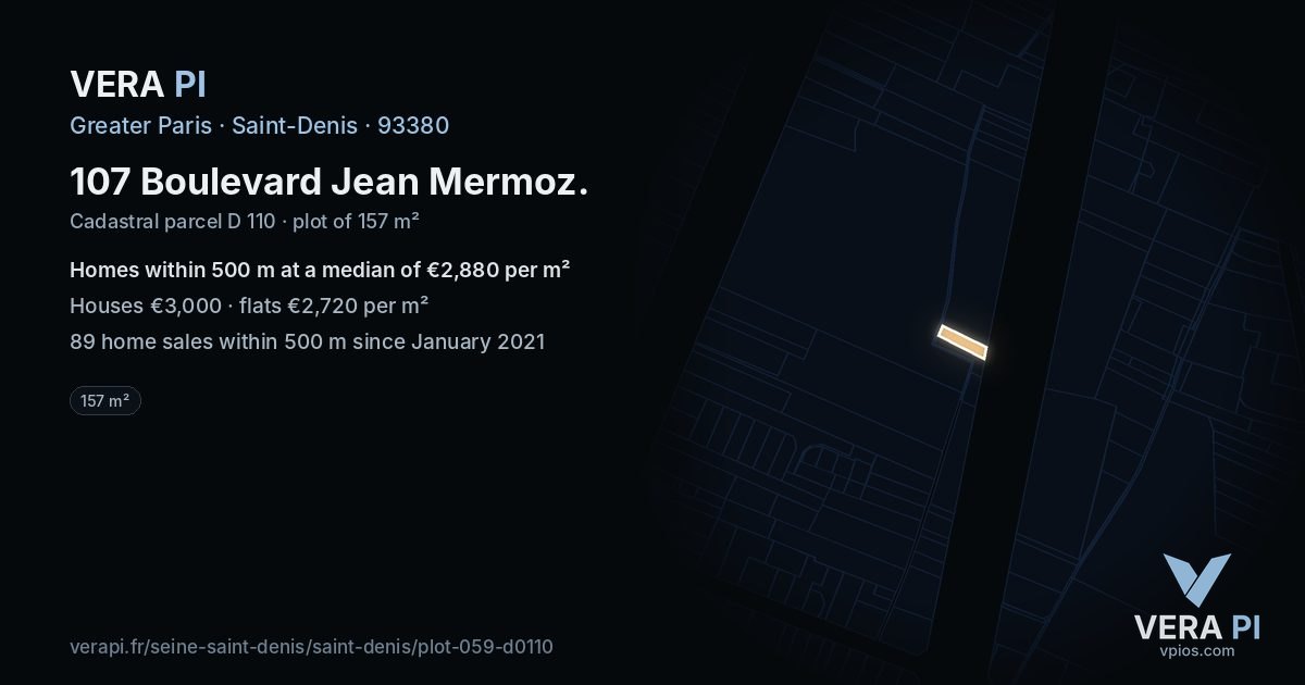 107 Boulevard Jean Mermoz, Saint-Denis at night – the plot lit, the parcels around coloured by the prices near them