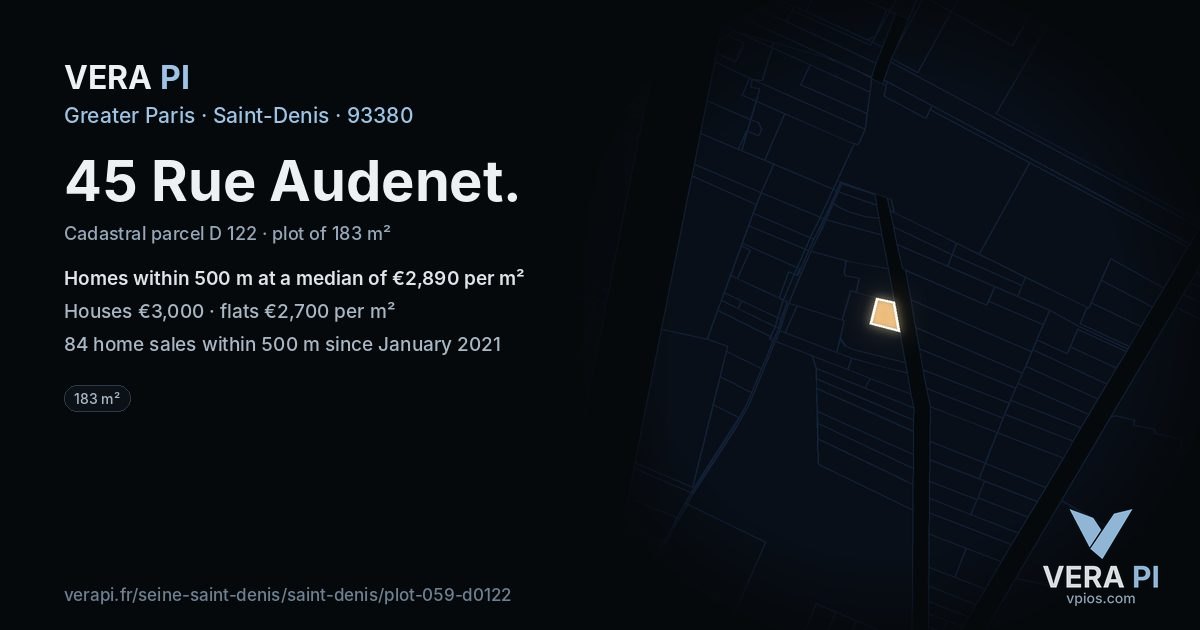 45 Rue Audenet, Saint-Denis at night – the plot lit, the parcels around coloured by the prices near them