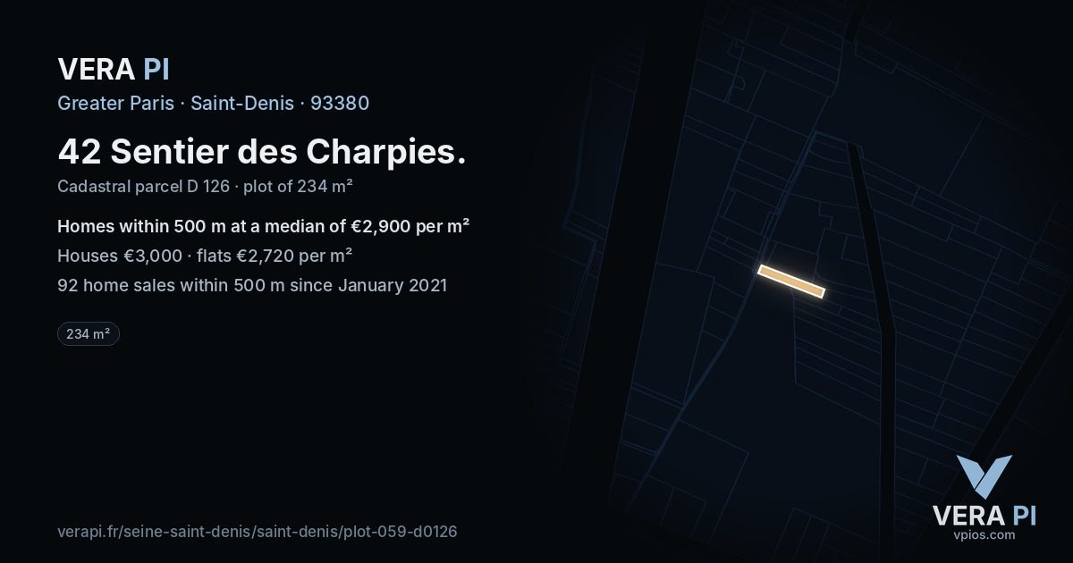 42 Sentier des Charpies, Saint-Denis at night – the plot lit, the parcels around coloured by the prices near them