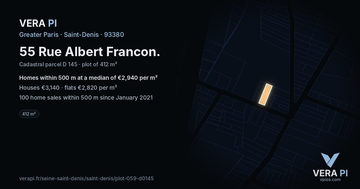 55 Rue Albert Francon, Saint-Denis at night – the plot lit, the parcels around coloured by the prices near them