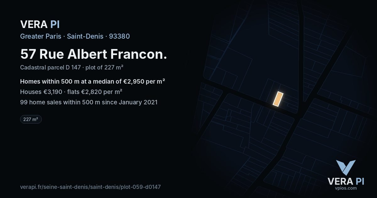 57 Rue Albert Francon, Saint-Denis at night – the plot lit, the parcels around coloured by the prices near them