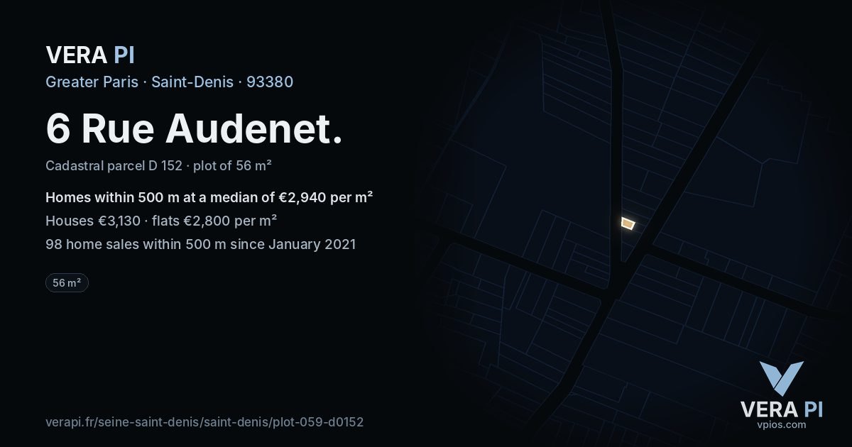 6 Rue Audenet, Saint-Denis at night – the plot lit, the parcels around coloured by the prices near them