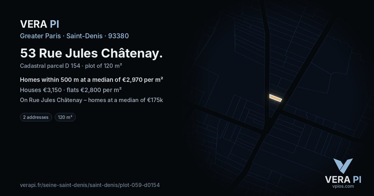 53 Rue Jules Châtenay, Saint-Denis at night – the plot lit, the parcels around coloured by the prices near them