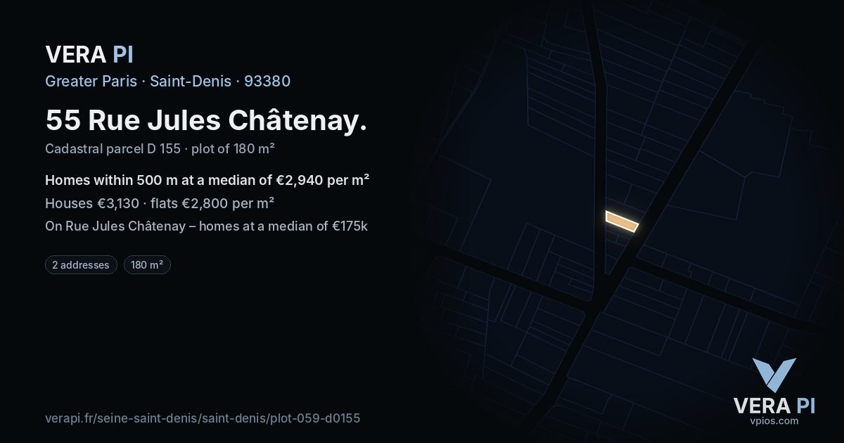 55 Rue Jules Châtenay, Saint-Denis at night – the plot lit, the parcels around coloured by the prices near them