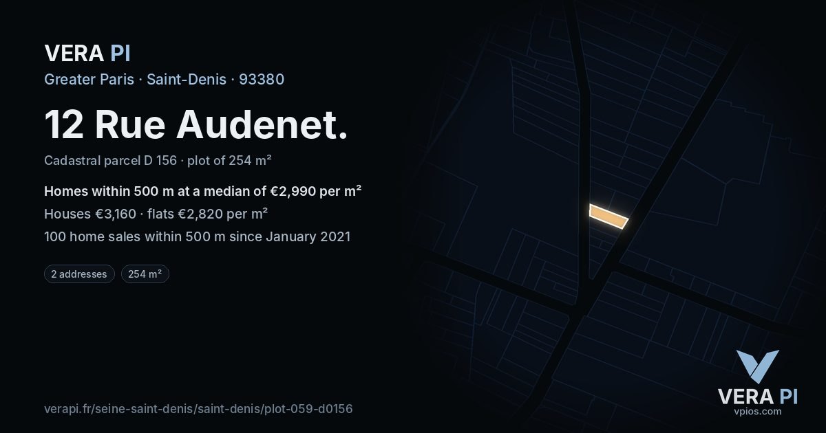 12 Rue Audenet, Saint-Denis at night – the plot lit, the parcels around coloured by the prices near them