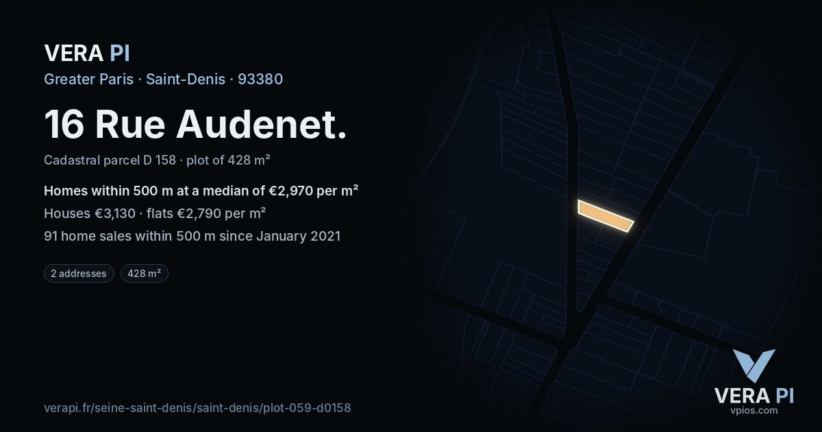 16 Rue Audenet, Saint-Denis at night – the plot lit, the parcels around coloured by the prices near them