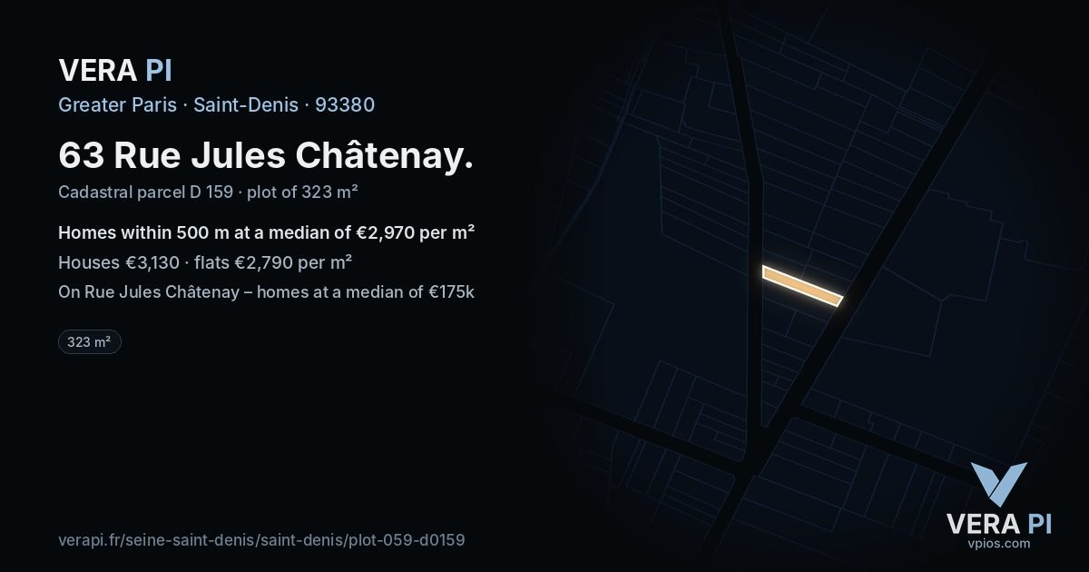 63 Rue Jules Châtenay, Saint-Denis at night – the plot lit, the parcels around coloured by the prices near them