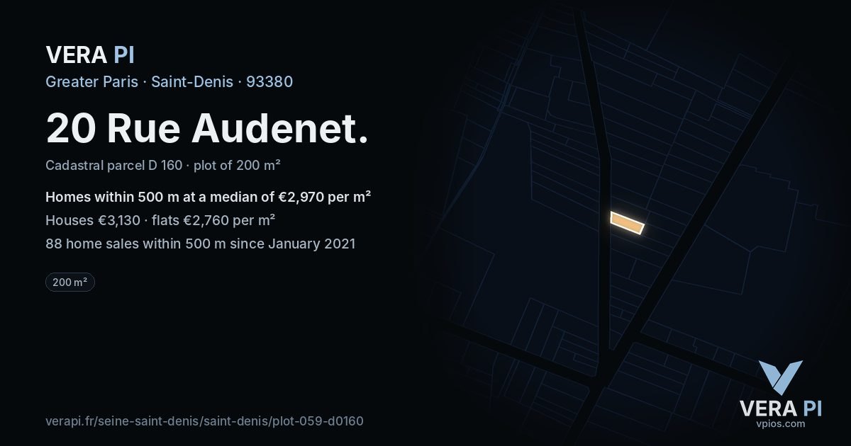 20 Rue Audenet, Saint-Denis at night – the plot lit, the parcels around coloured by the prices near them