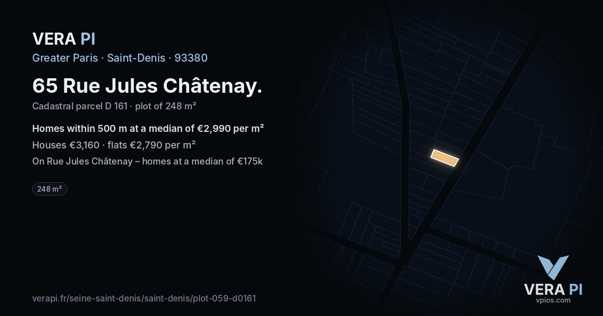 65 Rue Jules Châtenay, Saint-Denis at night – the plot lit, the parcels around coloured by the prices near them