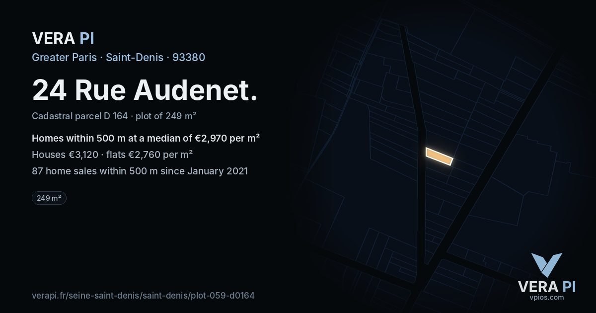 24 Rue Audenet, Saint-Denis at night – the plot lit, the parcels around coloured by the prices near them