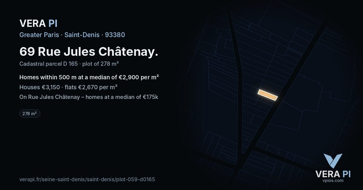 69 Rue Jules Châtenay, Saint-Denis at night – the plot lit, the parcels around coloured by the prices near them