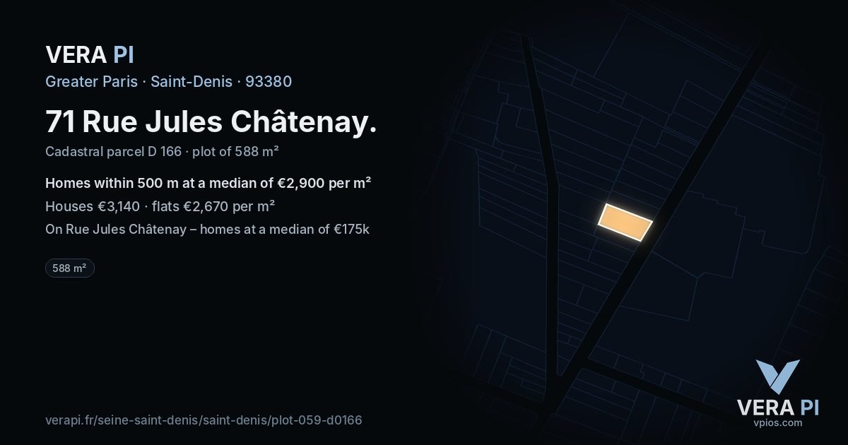 71 Rue Jules Châtenay, Saint-Denis at night – the plot lit, the parcels around coloured by the prices near them