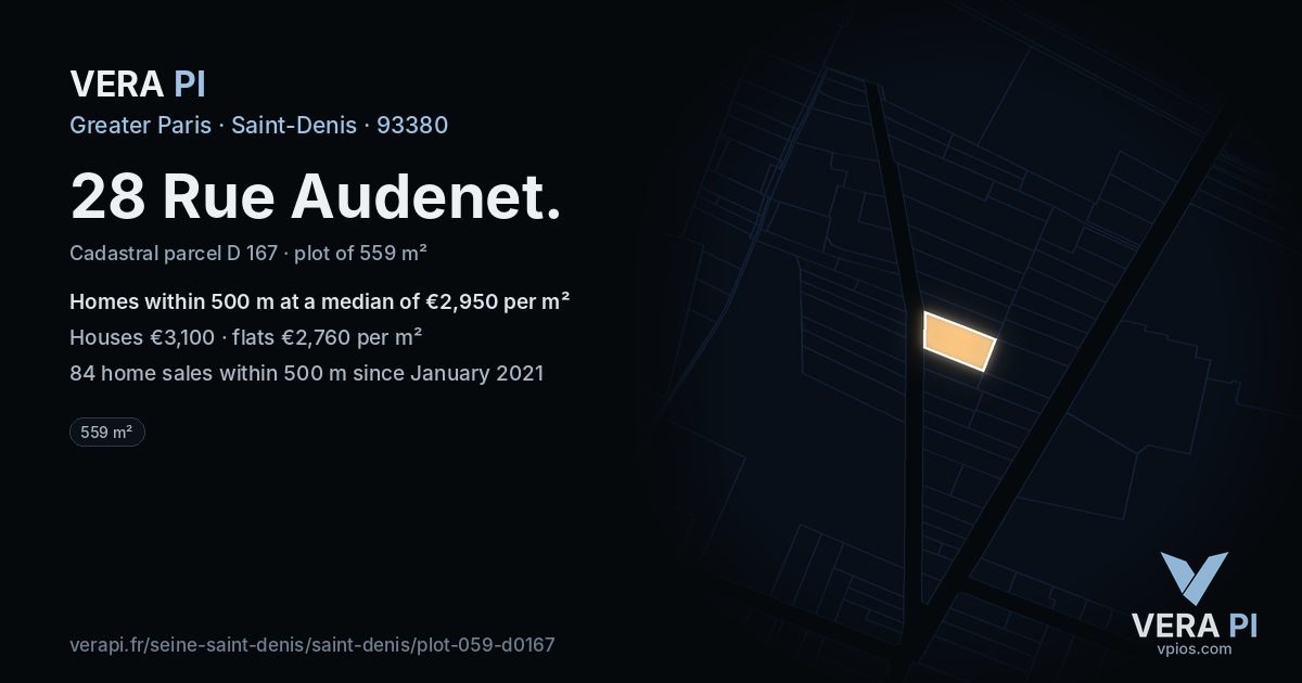 28 Rue Audenet, Saint-Denis at night – the plot lit, the parcels around coloured by the prices near them