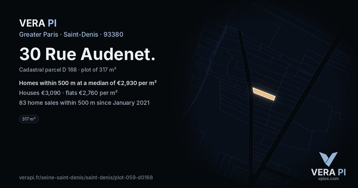 30 Rue Audenet, Saint-Denis at night – the plot lit, the parcels around coloured by the prices near them