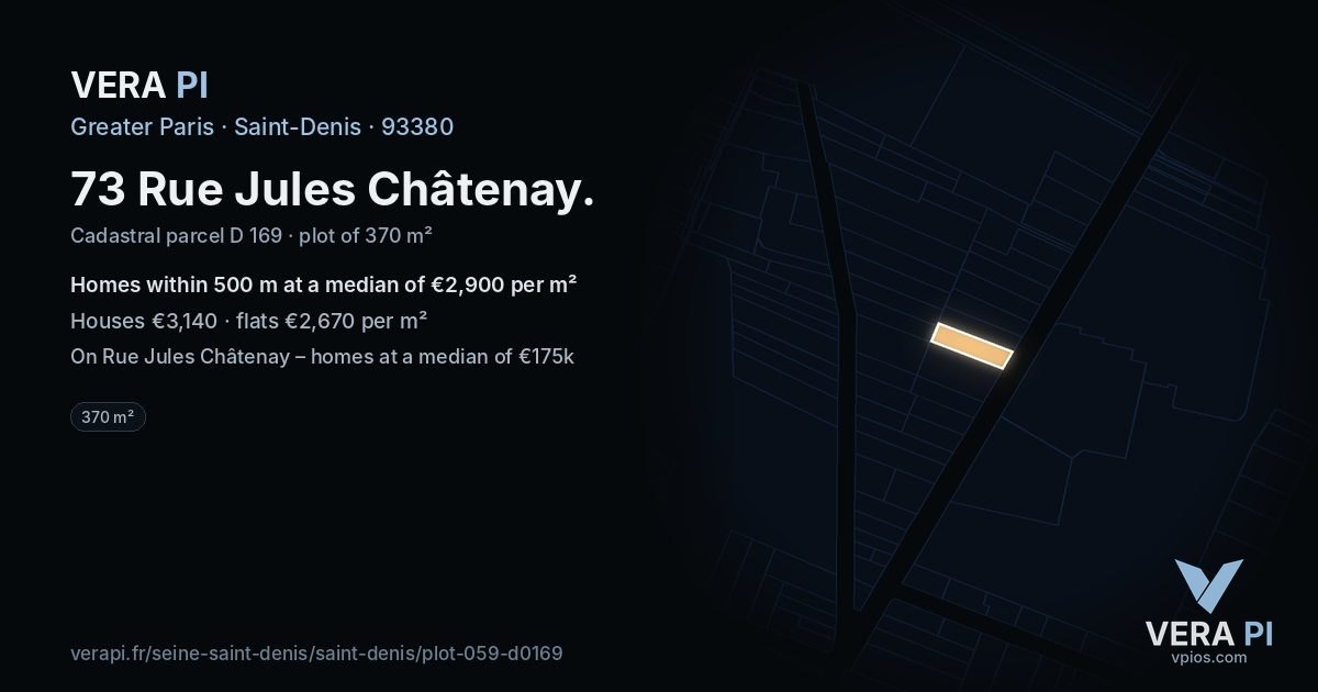 73 Rue Jules Châtenay, Saint-Denis at night – the plot lit, the parcels around coloured by the prices near them
