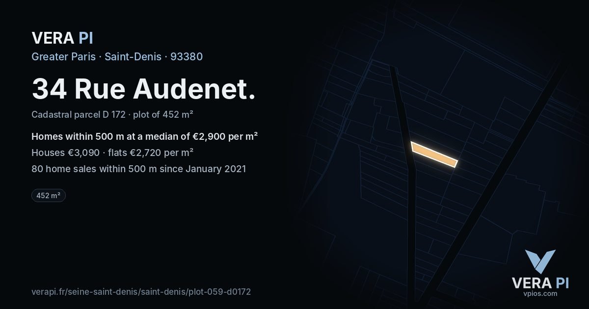 34 Rue Audenet, Saint-Denis at night – the plot lit, the parcels around coloured by the prices near them