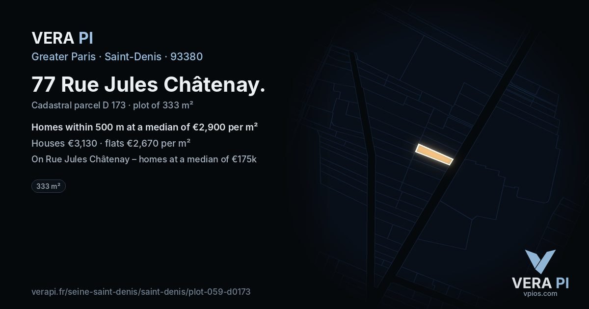 77 Rue Jules Châtenay, Saint-Denis at night – the plot lit, the parcels around coloured by the prices near them