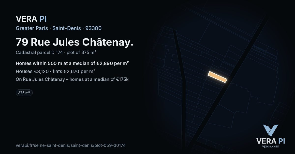 79 Rue Jules Châtenay, Saint-Denis at night – the plot lit, the parcels around coloured by the prices near them