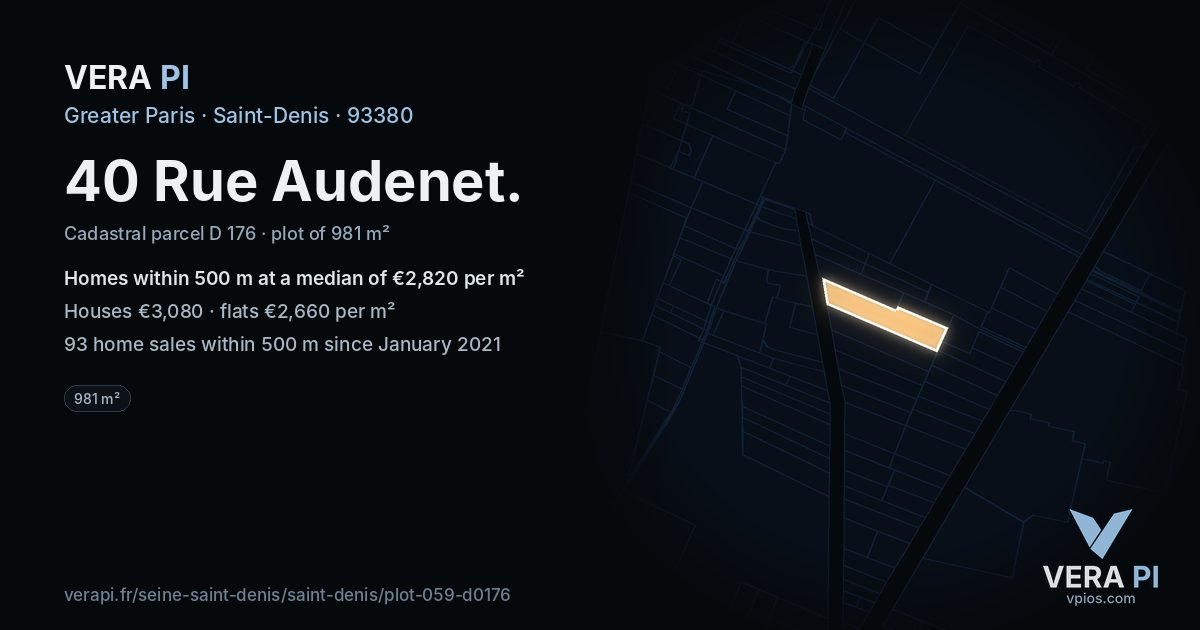 40 Rue Audenet, Saint-Denis at night – the plot lit, the parcels around coloured by the prices near them