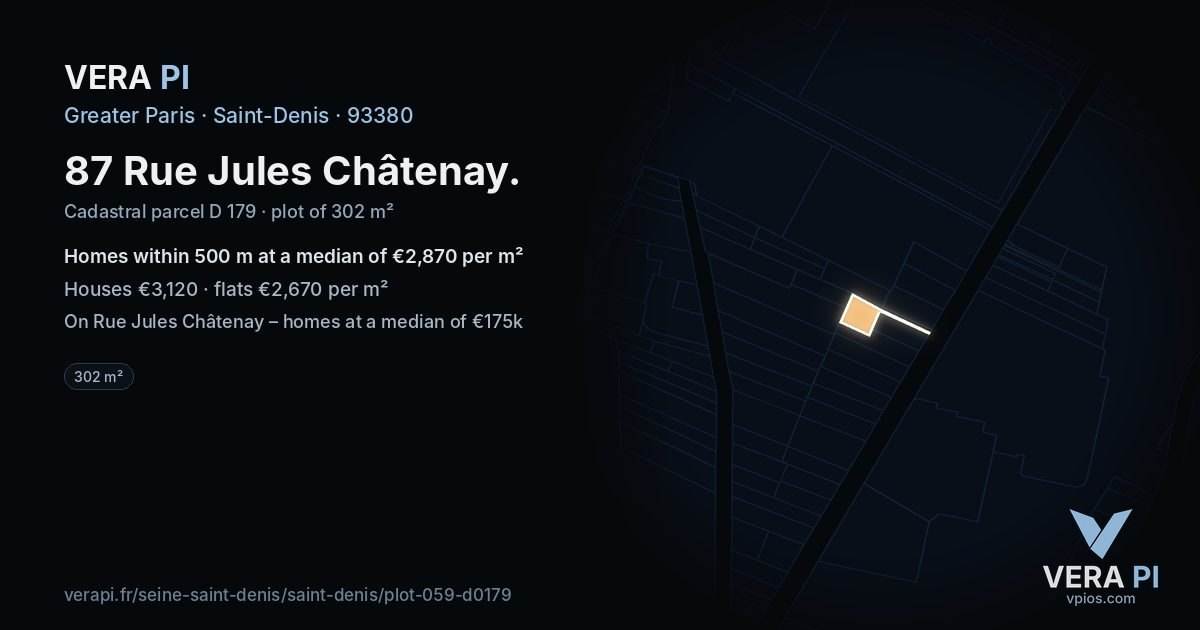 87 Rue Jules Châtenay, Saint-Denis at night – the plot lit, the parcels around coloured by the prices near them