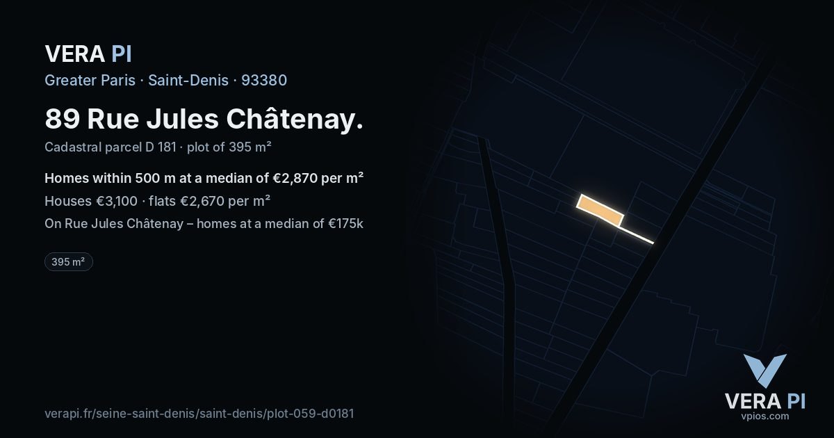 89 Rue Jules Châtenay, Saint-Denis at night – the plot lit, the parcels around coloured by the prices near them