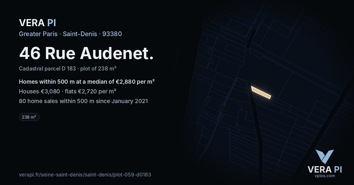 46 Rue Audenet, Saint-Denis at night – the plot lit, the parcels around coloured by the prices near them