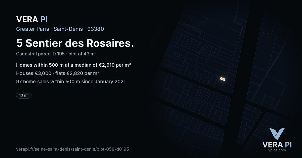 5 Sentier des Rosaires, Saint-Denis at night – the plot lit, the parcels around coloured by the prices near them
