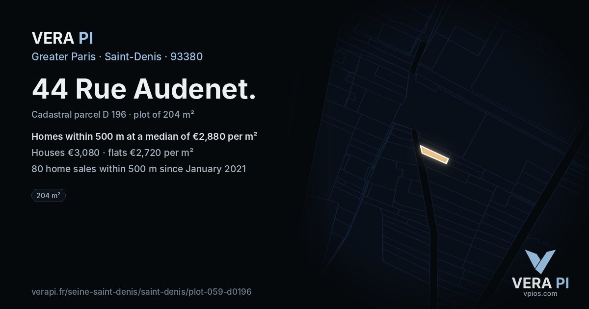 44 Rue Audenet, Saint-Denis at night – the plot lit, the parcels around coloured by the prices near them