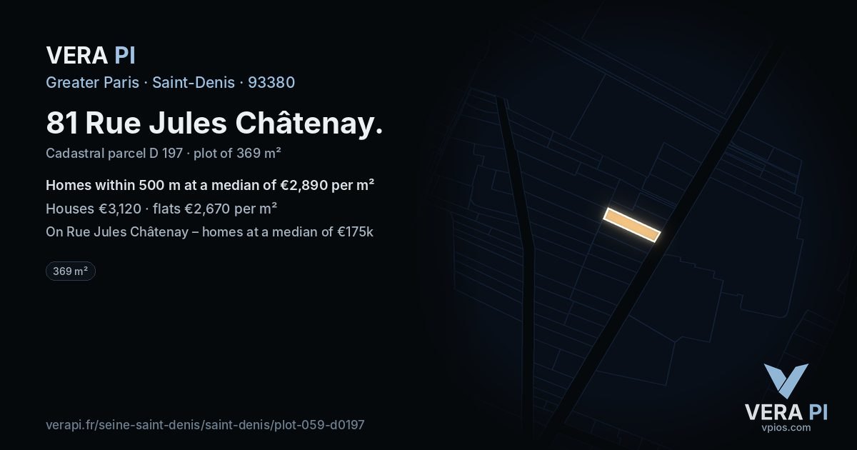81 Rue Jules Châtenay, Saint-Denis at night – the plot lit, the parcels around coloured by the prices near them