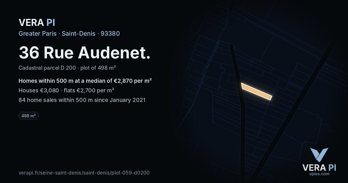 36 Rue Audenet, Saint-Denis at night – the plot lit, the parcels around coloured by the prices near them