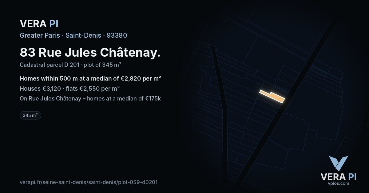 83 Rue Jules Châtenay, Saint-Denis at night – the plot lit, the parcels around coloured by the prices near them